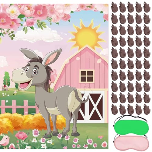 Pin the Tail on the Donkey Game - Floral Farm Party Decor with 50 Tails