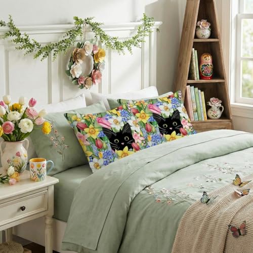 Spring Cat Floral Throw Pillow Covers, 18x18 Inch, Set of 2 Farmhouse Decor