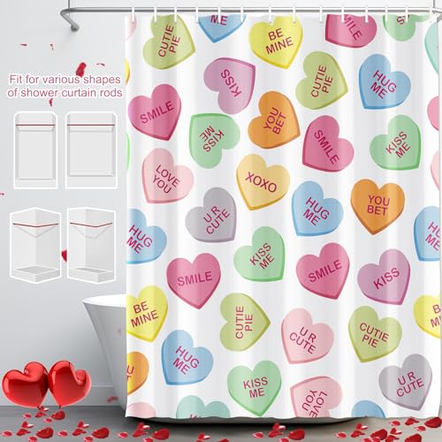 Pastel Valentines Shower Curtain - Colorful Heart Design, 71x71 Inch
