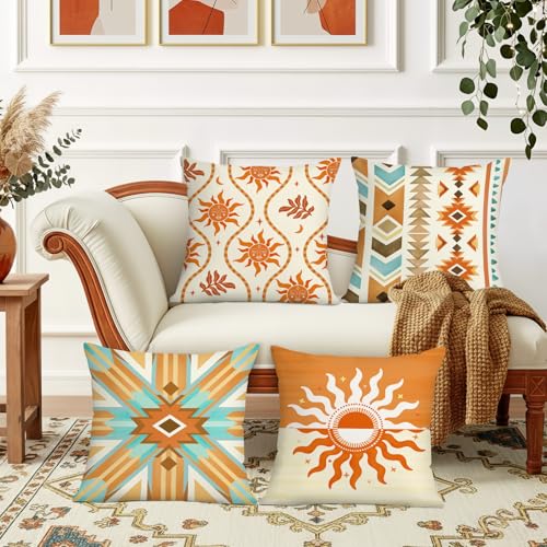 Boho Western Throw Pillow Covers Set of 4 - 18" x 18" Velvet Aztec Design