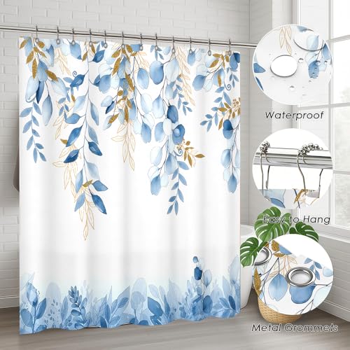 Blue and Gold Watercolor Shower Curtain - 72x72 Modern Abstract Bath Decor