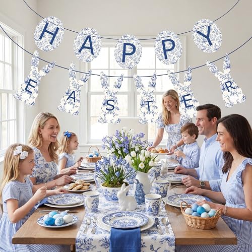 Chinoiserie Easter Banner with Velvet Ribbon - Blue & White Floral Decor