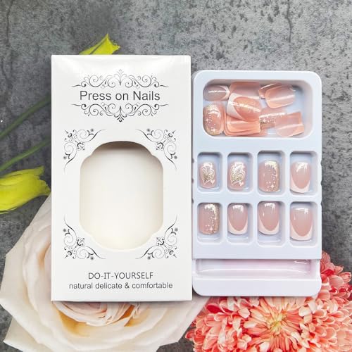 Valentine's Day Short Square Press on Nails with Gold Foil Heart Design
