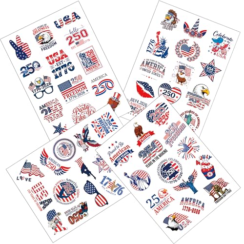 USA 250th Anniversary Temporary Tattoos - 60 Styles American Flag Party Favors