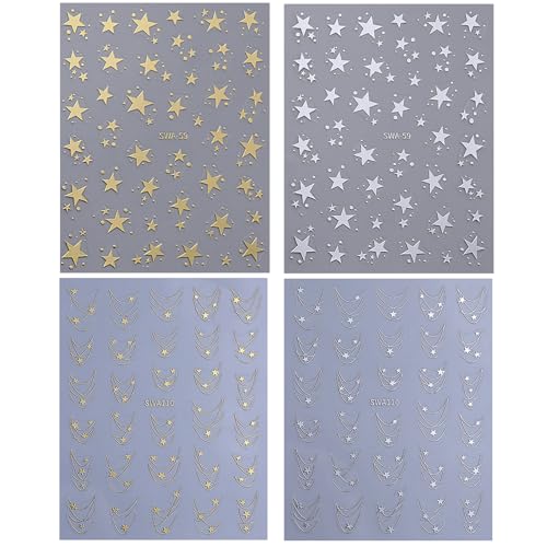 TailaiMei 3D Gold Silver Star Nail Stickers Self-Adhesive Decals (4 Sheets)