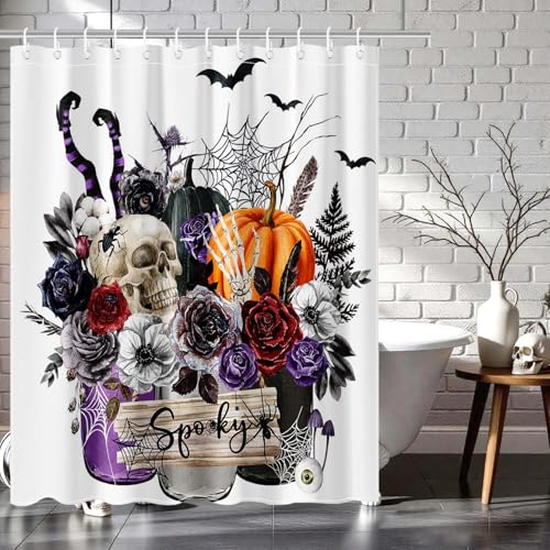 Mocsicka Purple Halloween Pumpkin Skeleton Witch Shower Curtain - 71x71 inch