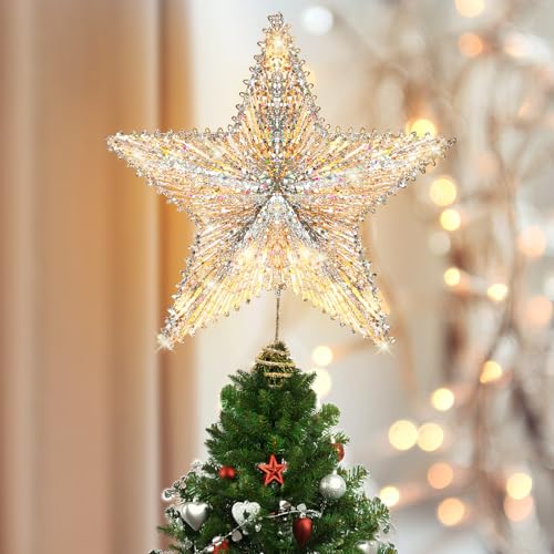 Christmas Tree Star Topper LED Glitter Metal 3D Lights - Champagne Gold