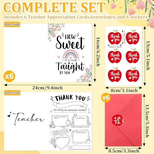 Teacher Appreciation Cards 6 Pack - Thank You Greeting Cards with Envelopes