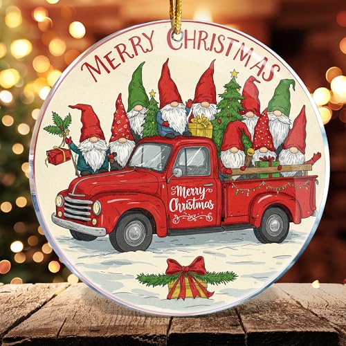 Funny Gnome Truck Christmas Ornament - 3.6" Acrylic Decor