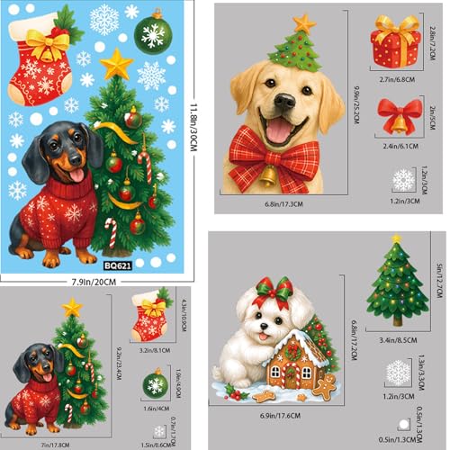 Christmas Window Clings Stickers - Dogs, Snowflakes, Xmas Tree Decorations - 9 Sheets Reusable Static Decals
