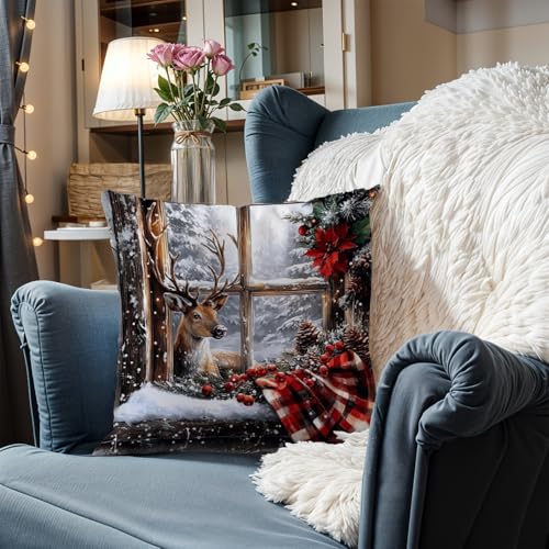 Winter Deer Reindeer Pillow Covers 18x18 Inches Farmhouse Holiday Decor