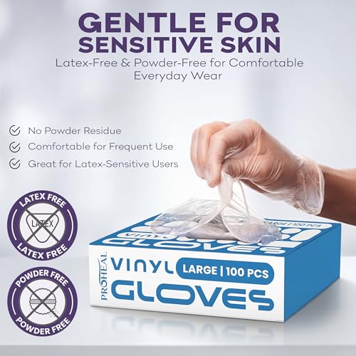 ProHeal Large Clear Vinyl Disposable Gloves - Powder & Latex-Free Kitchen Gloves (100 Count)
