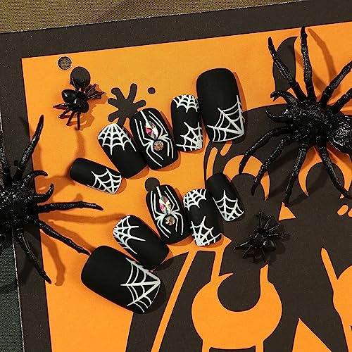 Halloween Coffin Press on Nails - 24Pcs White Spider Acrylic False Nails