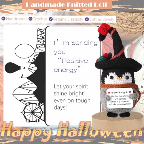 Handmade Crochet Penguin Doll with Witch Hat - Positive Halloween Decor