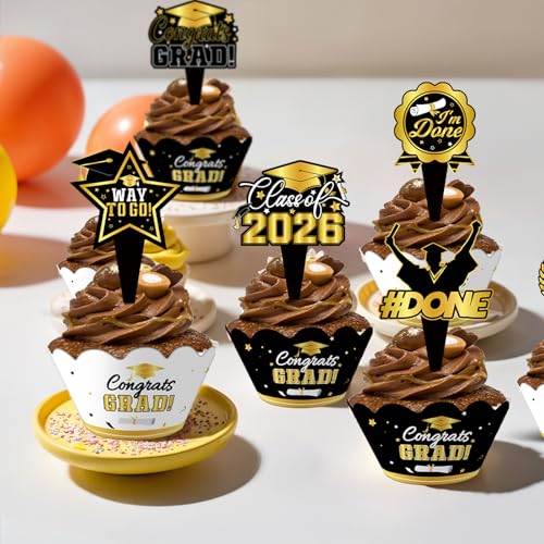 2025 Graduation Cupcake Toppers & Wrappers - Black Gold Set