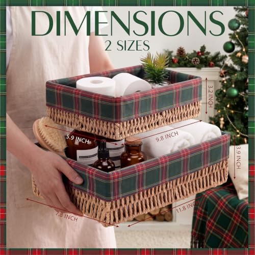 2 Pcs Christmas Toilet Paper Storage Baskets - Green Buffalo Plaid, Scottish Tartan