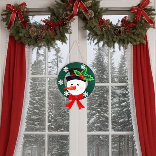 Christmas Door Hang - 2 Wooden Holiday Welcome Sign with Snowman Decor