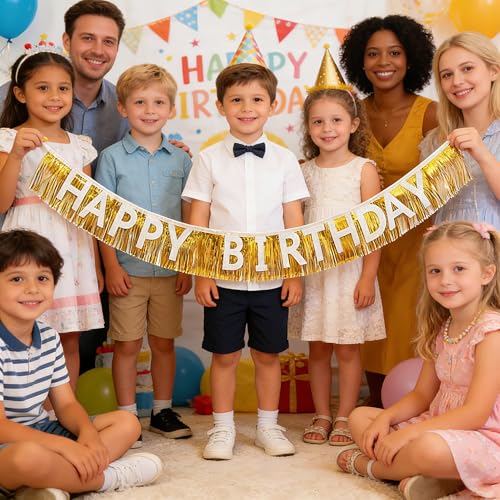 Happy Birthday Banner Kit with Gold Tinsel Curtains - 138 Inch