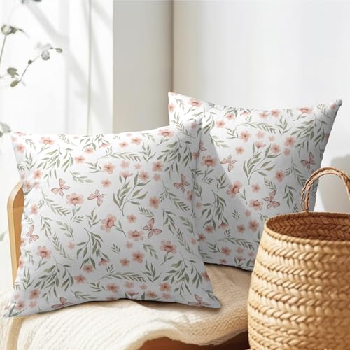 Trongr Floral Throw Pillow Covers, 18x18 Sage Green & Pink Cotton Linen Set