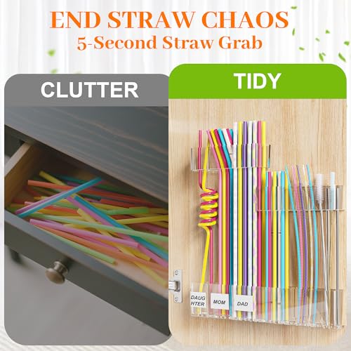 Cinola Transparent 9.84-inch Adjustable Straw Organizer for Cabinet Doors, 3-Part Storage with Strong Adhesive Tape
