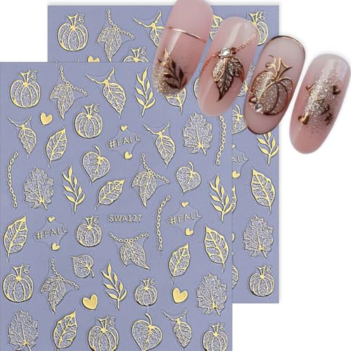 Autumn Nail Art Stickers - 6 Sheets 3D Gold Leaf Pumpkin & Maple Decals