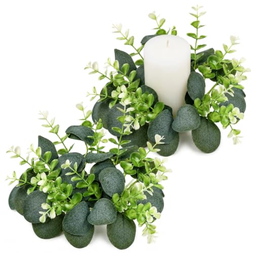 2 Pack Artificial Eucalyptus Candle Rings for Pillar Candles, 9-Inch Greenery