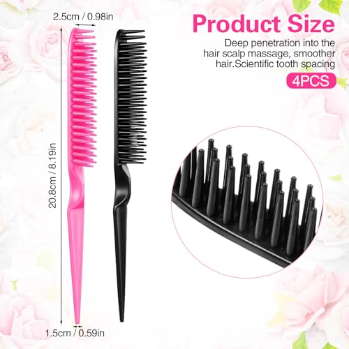 4-Piece 9-Inch 3-Row Hair Styling Comb & Rat Tail Teasing Brush Set