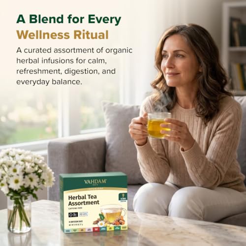 VAHDAM Herbal Tea Sampler, 18 Assorted Caffeine-Free Tea Bags (2 x 9 Pack)