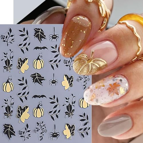 Sutaozhi 5Pcs Fall & Halloween Nail Art Stickers 3D Self-Adhesive Pumpkin Maple Leaf Decals