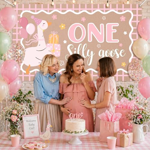 One Silly Goose 1st Birthday Backdrop - 6.1 x 3.6 ft Pink Polyester Banner