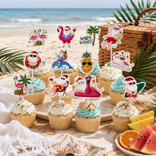48 Tropical Christmas Cupcake Toppers | DIY July Party Decor
