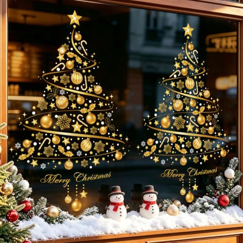 Golden Christmas Tree Window Cling Sticker for Glass - Reusable Holiday Decor