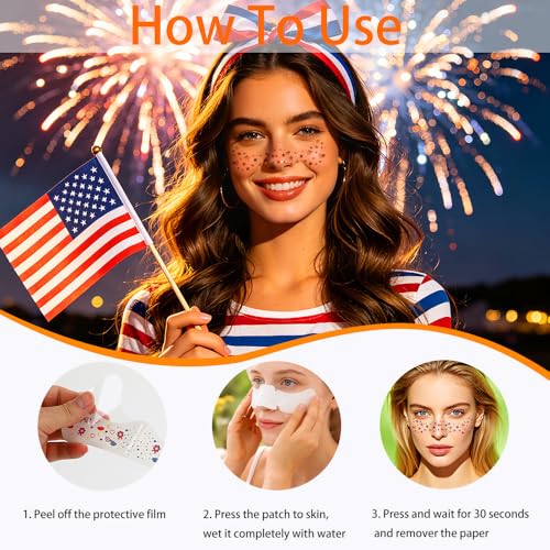 Ynaquest 4th of July Face Glitter Freckles - 12 PCS Red White and Blue Patriotic Temporary Tattoos