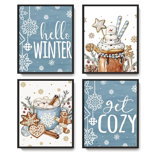 Christmas Winter Gingerbread Man Snowman Wall Decor Posters - Blue Variation, Set of 4, 8x10 Inch