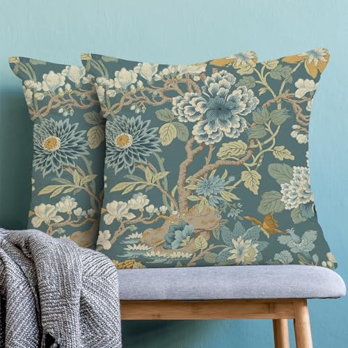 CXMEIFLY Chinoiserie Floral Throw Pillow Covers, 16x16 Inch, Set of 2