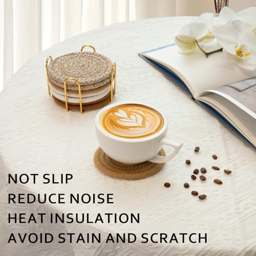 OIAHOMY Yellow 8 Pcs Woven Cotton Coaster Set with Holder