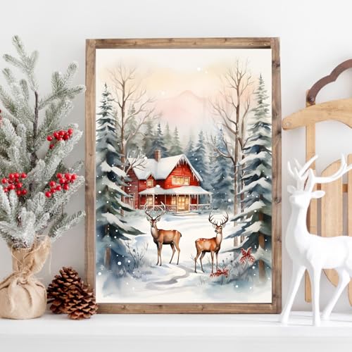 Vintage Christmas Deer Canvas Wall Art - 16x24 Inch Unframed