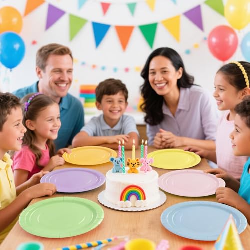 BOKFJBP 48Pcs Pastel Rainbow Paper Plates - 7 Inch Disposable Party Plates Set