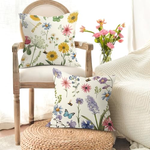 Joymaison Flower-03 Red Floral Butterfly Throw Pillow Covers Set of 4 18x18