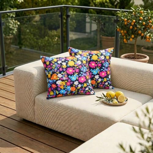 ONWAY Black Outdoor Floral Pillow Covers 18x18 Inch Waterproof Set of 2