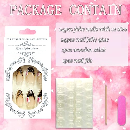 Floral Press on Almond Nails Glossy Medium False Nails with Charms