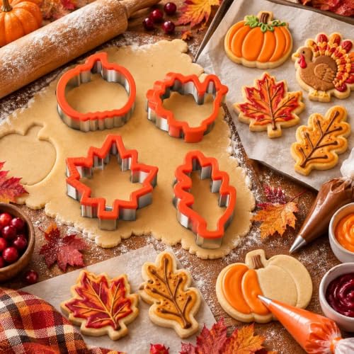Thanksgiving Cookie Cutters Set - 4 Stainless Steel Shapes for Baking & Sandwiches - Pumpkin, Maple Leaf, Turkey, Leaves