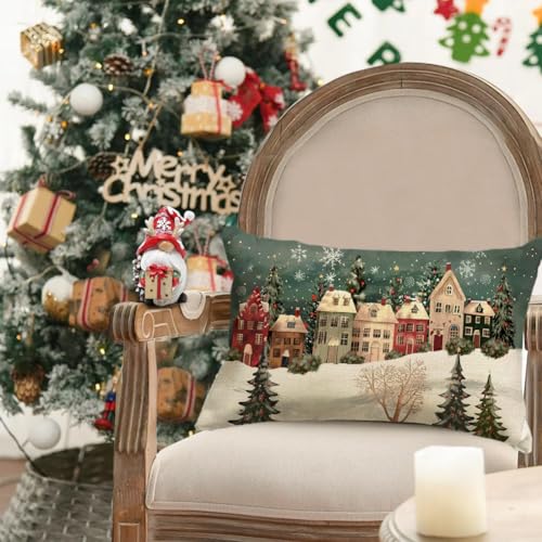 Outdoor Christmas Pillow Cover 12x20 Waterproof Forest House Decor - Green