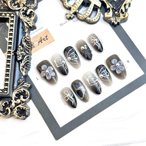 Black French Tip Press On Nails Medium Almond 3D Butterfly False Nails
