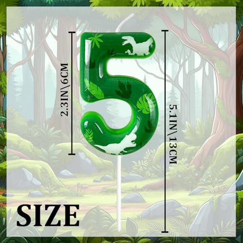 Number 5 Dinosaur Birthday Candle - Green Jungle Theme Cake Topper