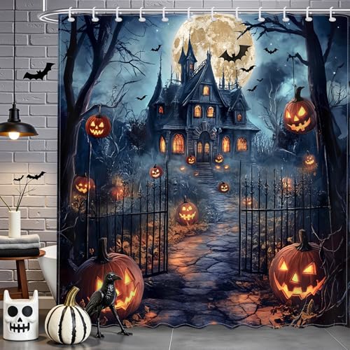 Halloween Castle Shower Curtain - Scary Night Design, 72x72