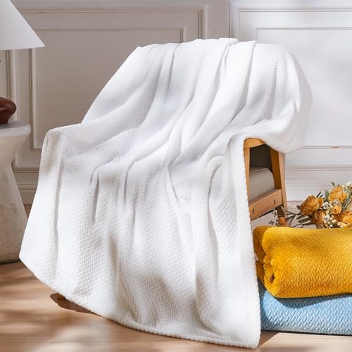 Fleece Leaves Pattern Throw Blanket - White 50x60 Inches