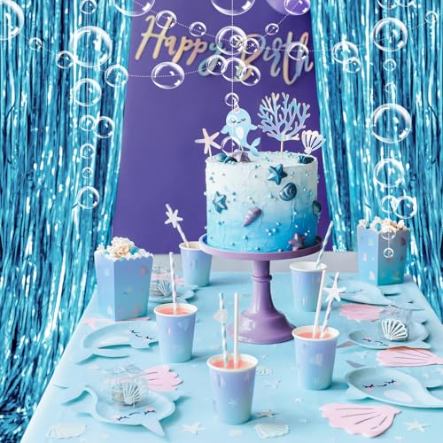 Yorr Under The Sea Party Decorations - 2 Blue Fringe Backdrops & Bubble Garland
