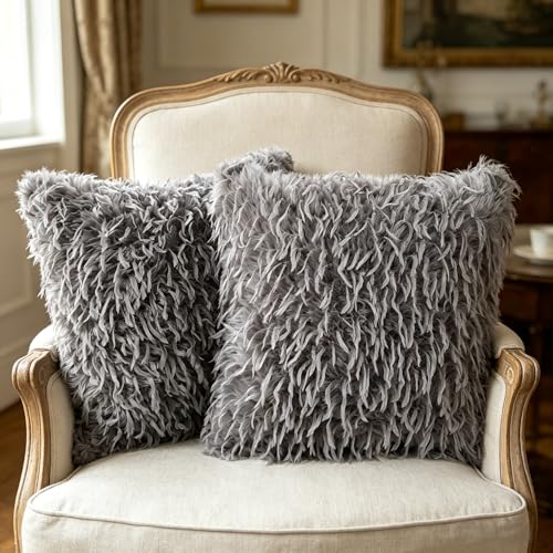 OYIMUA Faux Feather Throw Pillow Covers, 16x16 Grey-Brown Set of 2