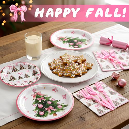 Christmas Pink Bow Paper Plate & Napkin Set - 96 Pcs, Coquette Style